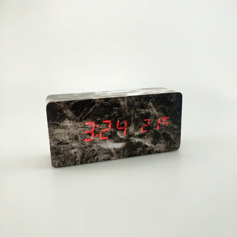 J Прямоугольные мраморные цифровые деревянные светодиодный часы-будильник с термометром, деревянные ретро светящиеся часы, настольный декор, голосовое управление, функция повтора, настольные инструменты - Цвет: J