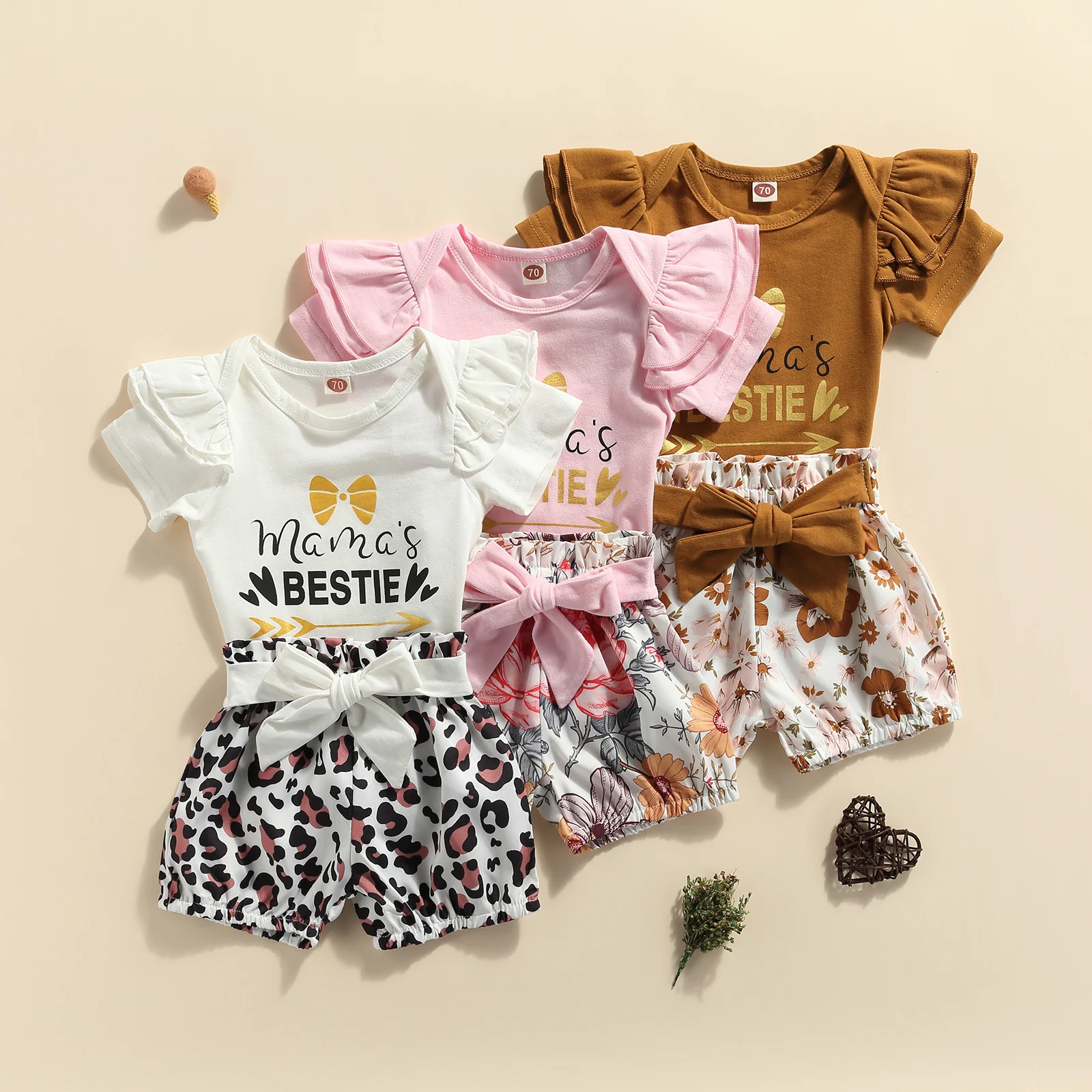 

2021-06-04 Lioraitiin 0-24M Infant Baby Girls 2PCS Summer Outfits Short Sleeve Letter Print Bodysuit + Belted Shorts Set