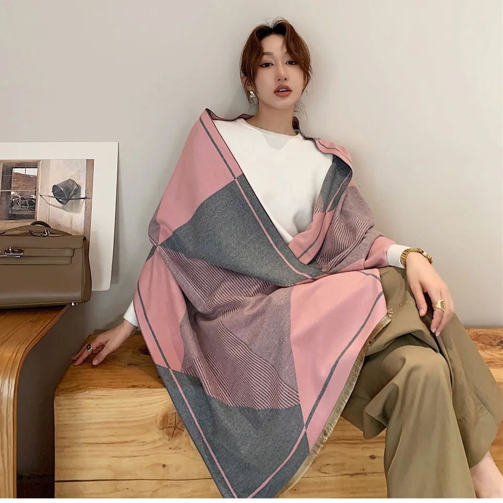 

Luxury Brand Striped Print Women Cashmere Scarf Pink Pashmina Shawls Wrap Warm Scarves Hijab Stoles Ladies Female