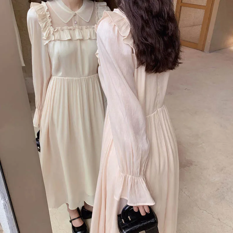 

Japanese Peter Pan Collar Flare Sleeve Princess Dress Vintage Girls Ruffles Party Dress New 2020 Autumn Sweet Lolita Dress Women