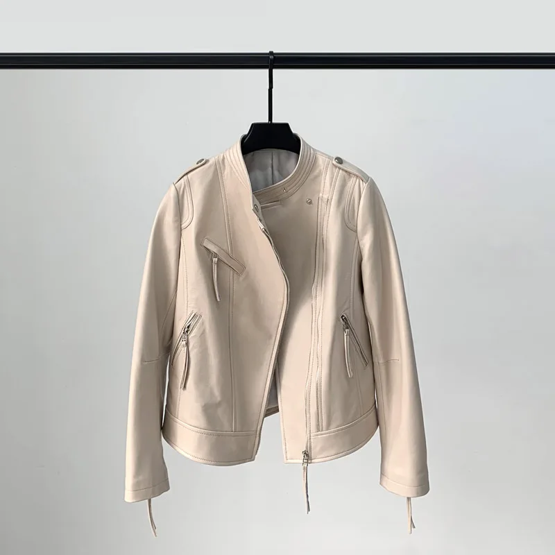 

Genuine Leather Jacket Woman Spring Biker Jacket for Women White Sheepskin Coat Female Fashion 2021 Chaqueta Cuero Mujer Pph4231