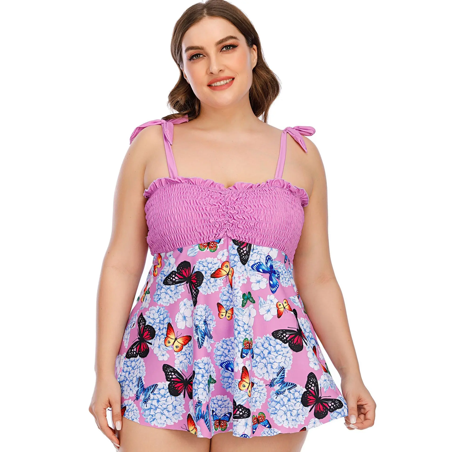 

New Floral Smocked Plus Size Women's Swimsuit Two piece Large Size Swimwear With Skirt Tied Bowknot Straps Big Size Swimdress