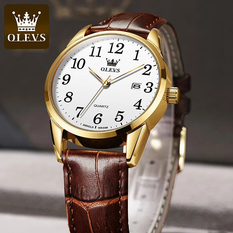 OLEVS 2022 New Fashion Brown Leather Quartz Watch Top Brand Luxury Full Gold Frame Luminous Hands Waterproof Couple Watch 5566