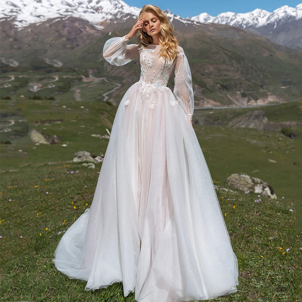 

Eleghnt A-Line Wedding Dresses O-Neck Puff Sleeves Buttons Flower Lace Appliques Bridal Gowns 2021 Vestidos De Noivas