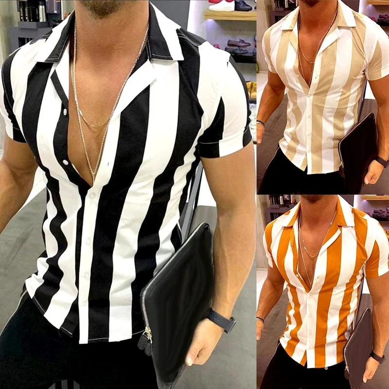 

Camisa De Botão Com Listras Verticais Masculina, Camisa Slim Adequada Para Trabalho Com Data, Roupa Diária De Manga Curta