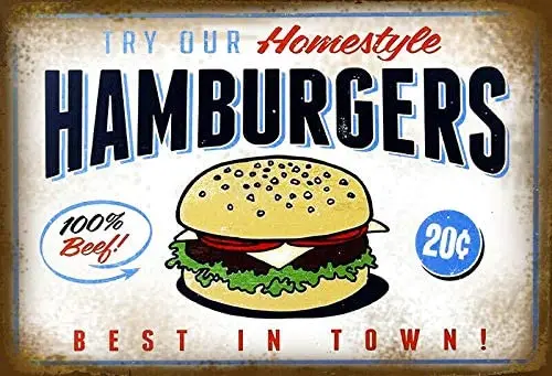 

Homestyle Hamburgers Shield Domed Sign Metal Tin 8" X 12" Inch Wall Art Signs