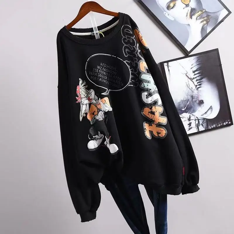 

New Fashion Big Large Plus Size Casual Autumn Clothes Tops Women Long Sleeve Hoodies For Teen Girls Lady Long Hole Hoody Sweater