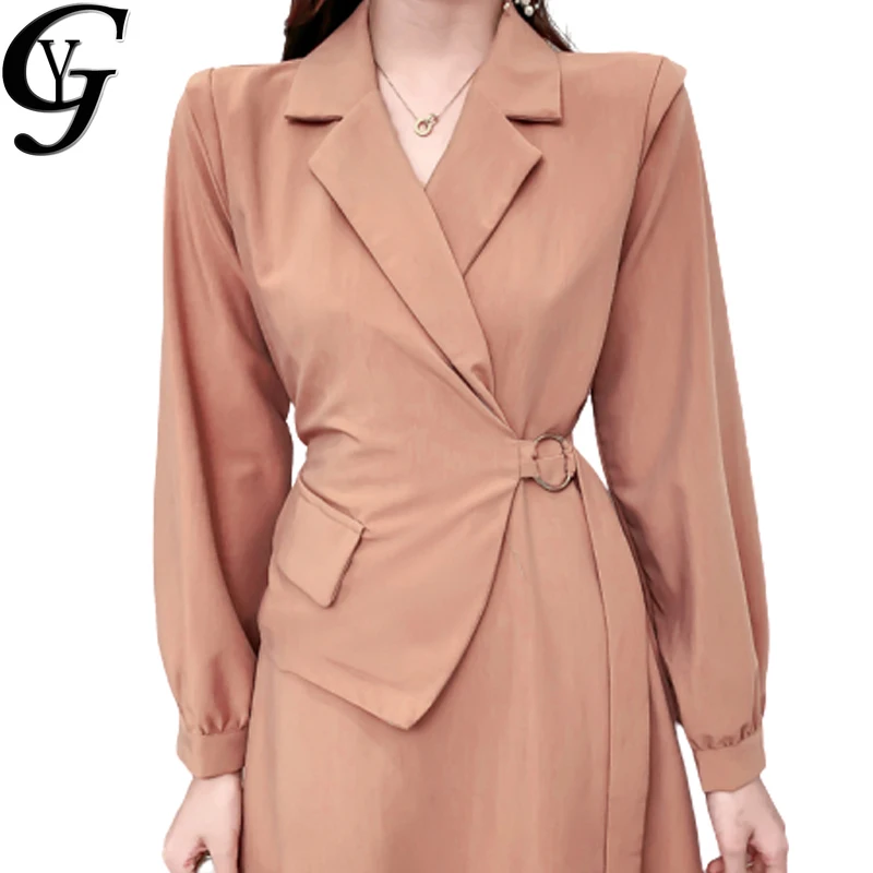 

YG Elegant Solid Bandage Dress Women 2020 Korean A Line Long Dress for Women Causal Long Sleeve OL Style Vintage Robe Femme