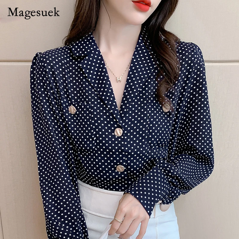

Fashion 2021 Autumn Elegant Causal Gentle Shirt Long Sleeve Blouse Office Lady Polka Dot Chiffon Shirt V-neck Tops Clothes 17162