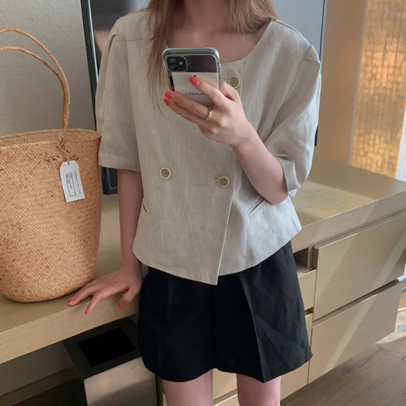 

2021 New Women Summer Cotton Linen Blouse Double Breasted Short Shirt Square Collar Jacket Tops pockets
