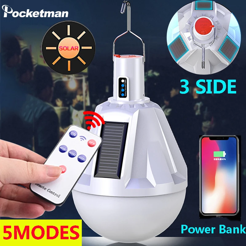 

300W 3 Side Solar Charging Bulb Outdoor Mobile Night Market Stall Lamp With Built in Battery Portable Lamp With Hook Light