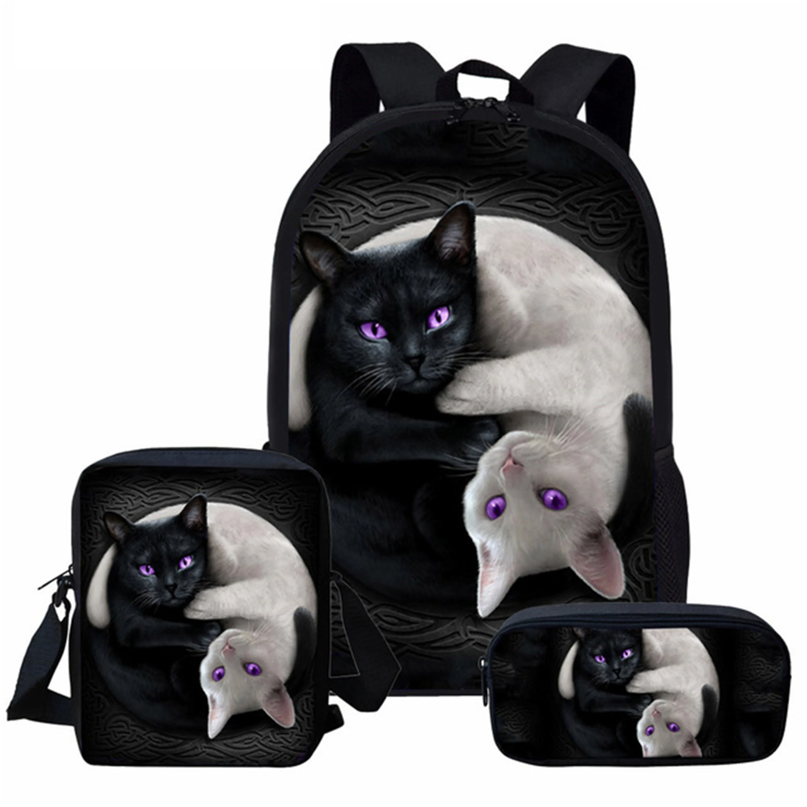 HaoYun 3PCs/Set Kids School Bag Black Cats Prints Pattern Bag Kawaii Jeans Design Cat Backpack/Flaps Bag/Pen Bags