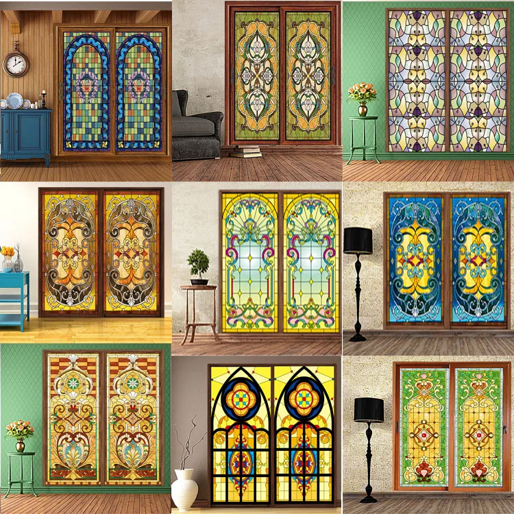 

Custom No Glue Static Scrubs Decorative Film Translucent Church Stained Glass Windows Doors Wardrobe Furniture Foil 62CMX186CM