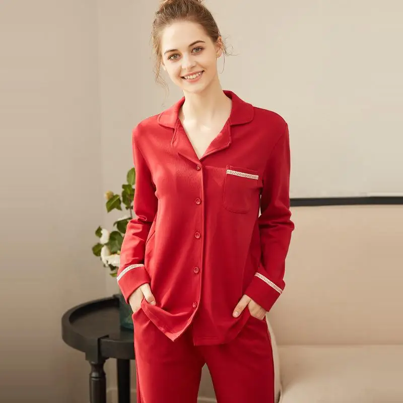 

red Sets Style Women Sleepwear Suit Home Women Female Sleepwear Sexy fashion homewear Pajamas Long sleeve cotton