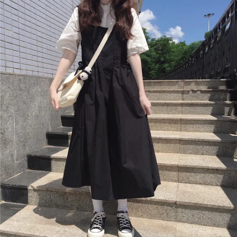 

Casual Summer 2 Two Piece Set Women Short Sleeve Shirt and High Waist Tank Long Dress Suits Sweet Harajuku Kawaii Cute Outfits