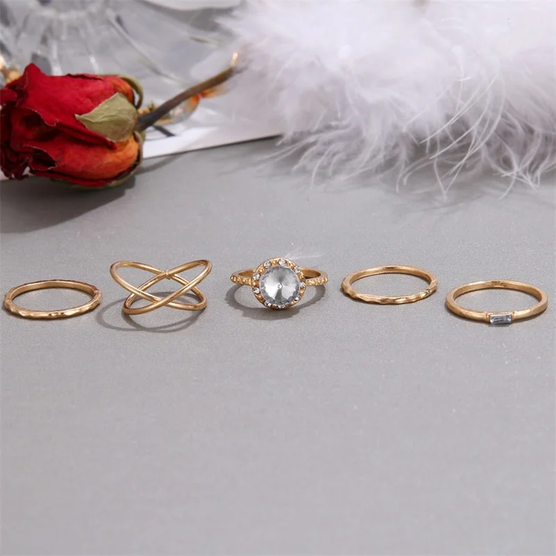 DAXI 5PCS / Set Of Gold Crystal Rhinestones Korean Version The Ring Hypoallergenic Cute Chic Style Wedding Dress Unique | Украшения и