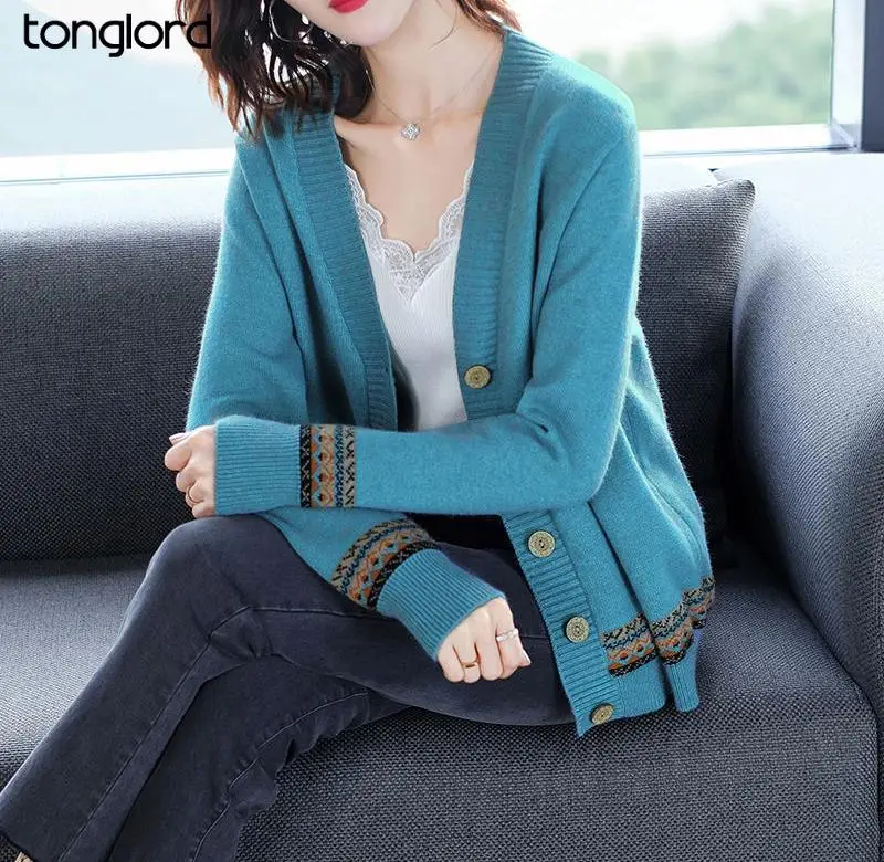 

Tonglord Autumn Latest Sweater Women Cardigan Sweater Cardigan Jacket Ladies Korean Version of Loose Thori Woven Short V-neck
