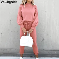 spring and autumn pure color casual sets womens long sleeve half high collar sweatshirt elastic waist sweatpants two piece suit
