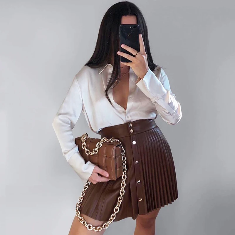 

solid pu leather skirt high waist buttons sexy mini pleated skirt asymmetrical fashion faldas cortas za 2021 women autumn