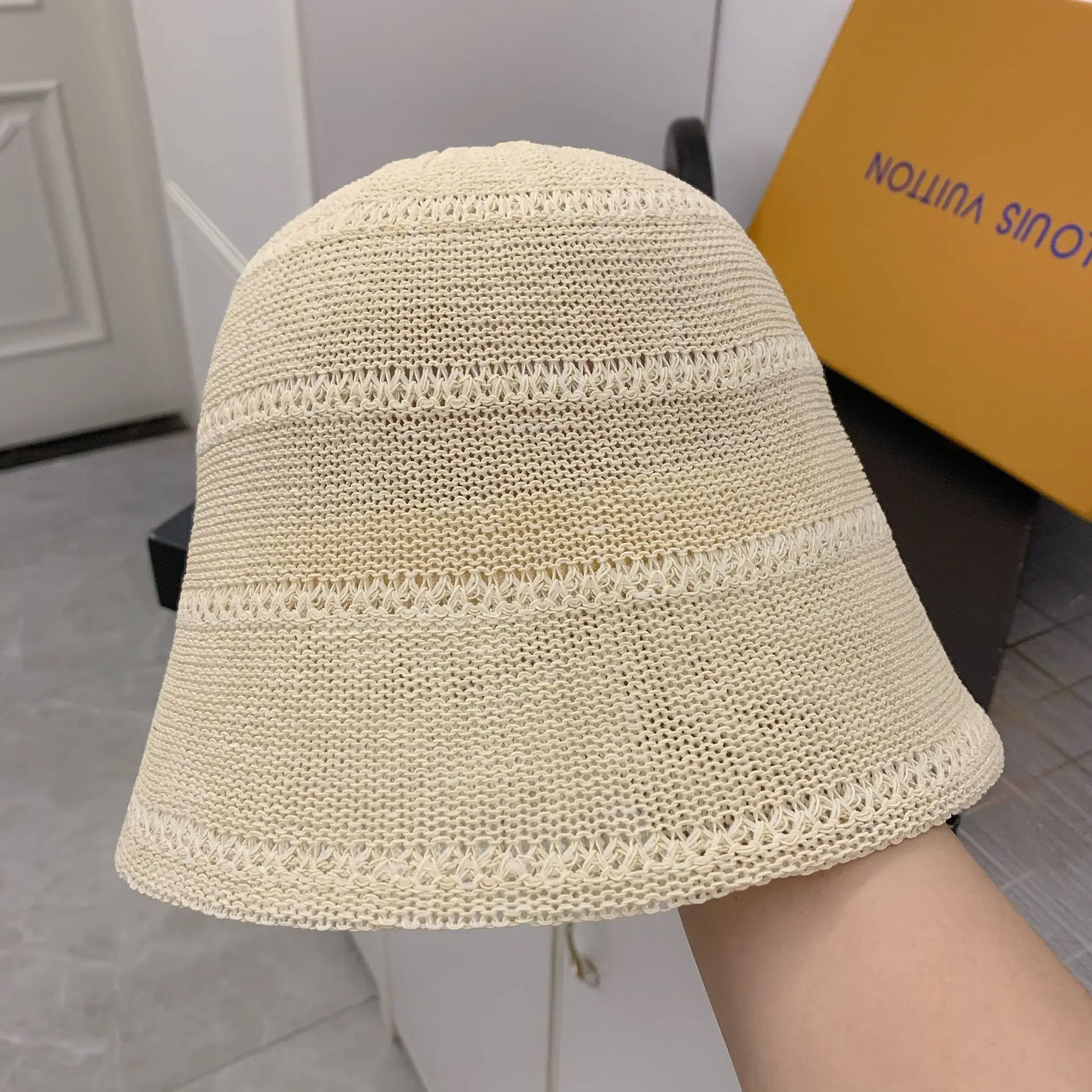 

Fashion Linen Yarn Women Bucket Hatfor Women Hollow Out Fisherman Hat Dome Collapsible Black Panama Lady Cap Breathable