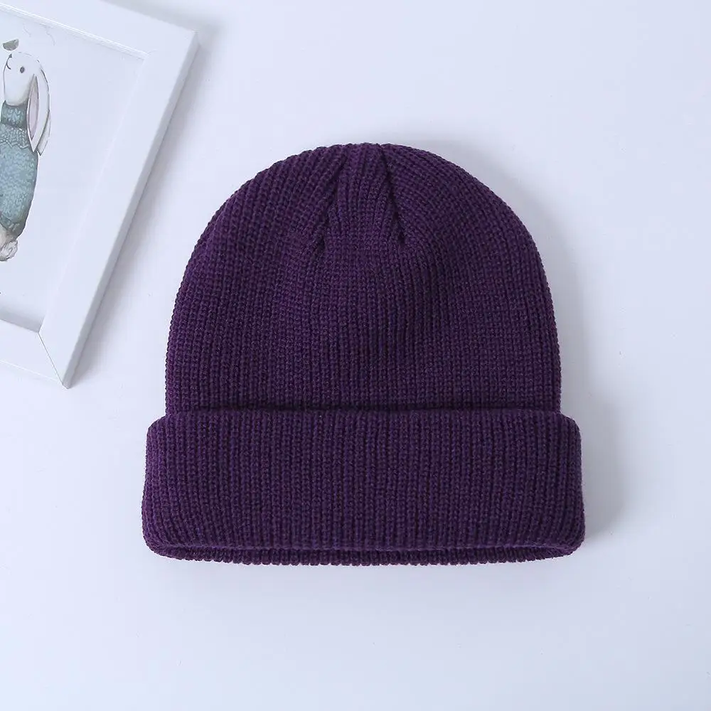 Унисекс зимний ребристый трикотажный с манжетами короткая Дыня однотонная бейсболка Череп Кепка мешковатые ретро лыжные рыбацкие Docker Beanie Hat Slou - Color: Purple