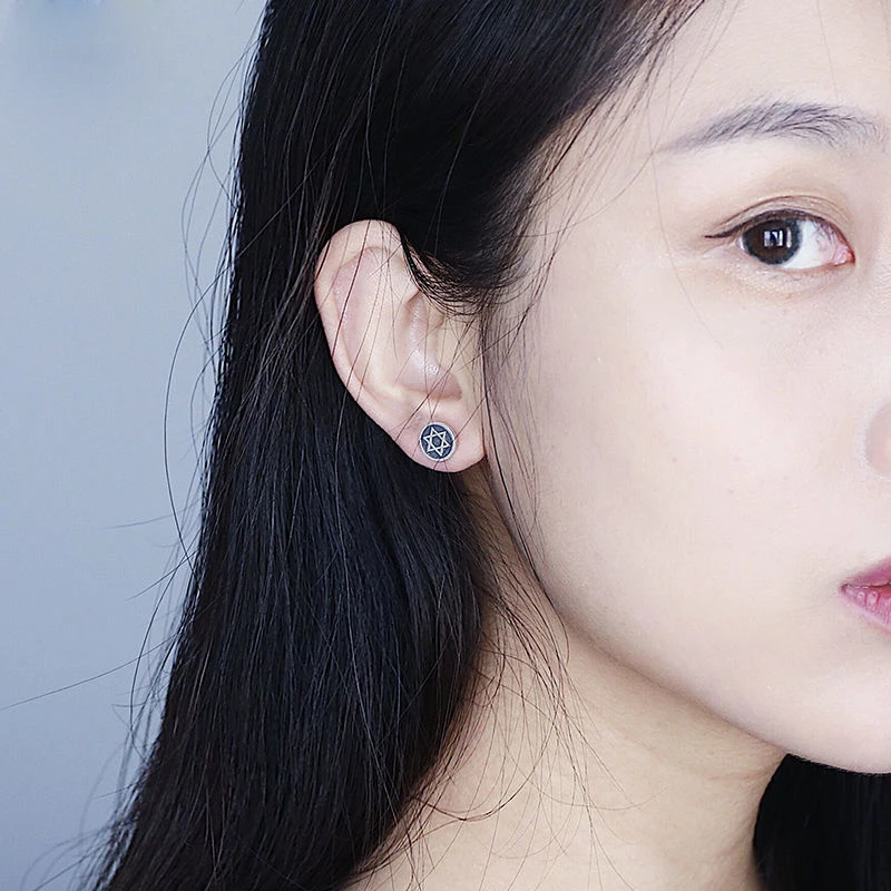 Серьги-гвоздики из серебра 925 пробы в стиле ретро с шестью острыми звездами |