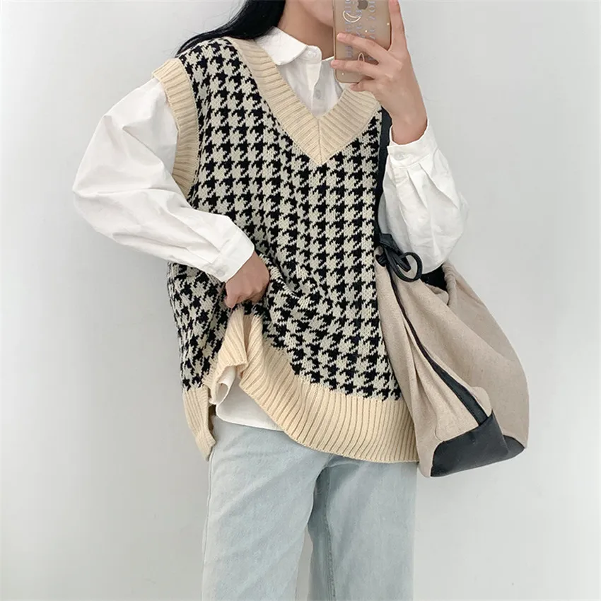 

2021 New European Style Knitted Waistcoat Women Houndstooth Vest Fashion Vintage Lady Sleeveless Jackets Coats Outwear WZ1368