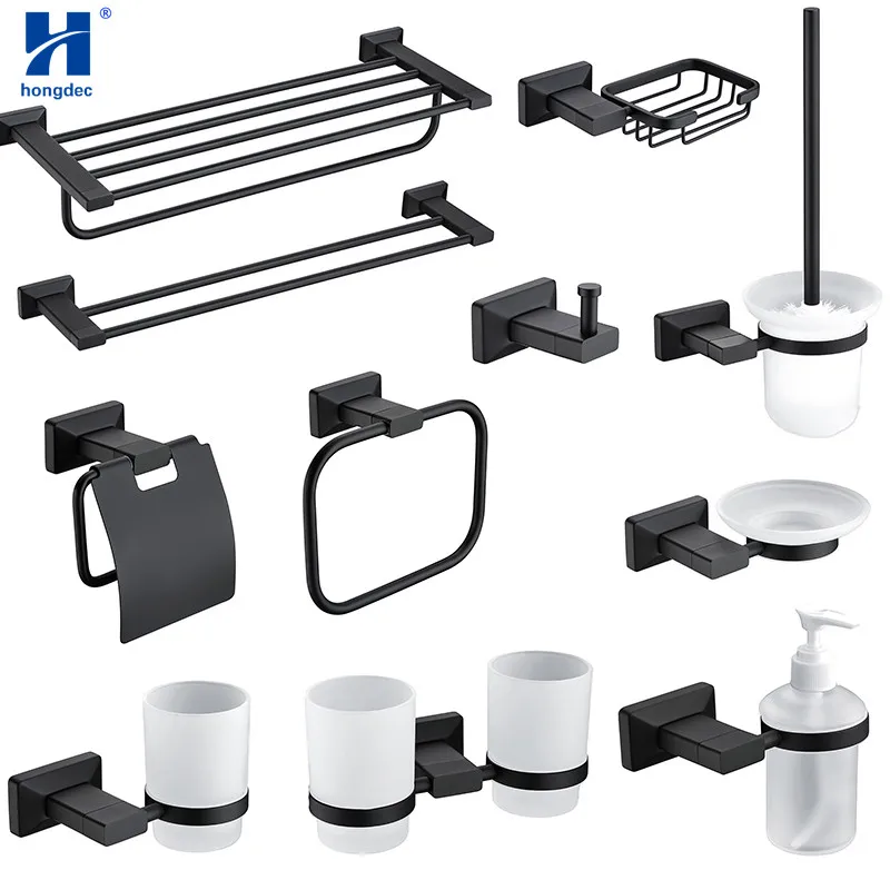 Hongdec Роскошный Матовый черный набор аксессуаров для ванной из нержавеющей