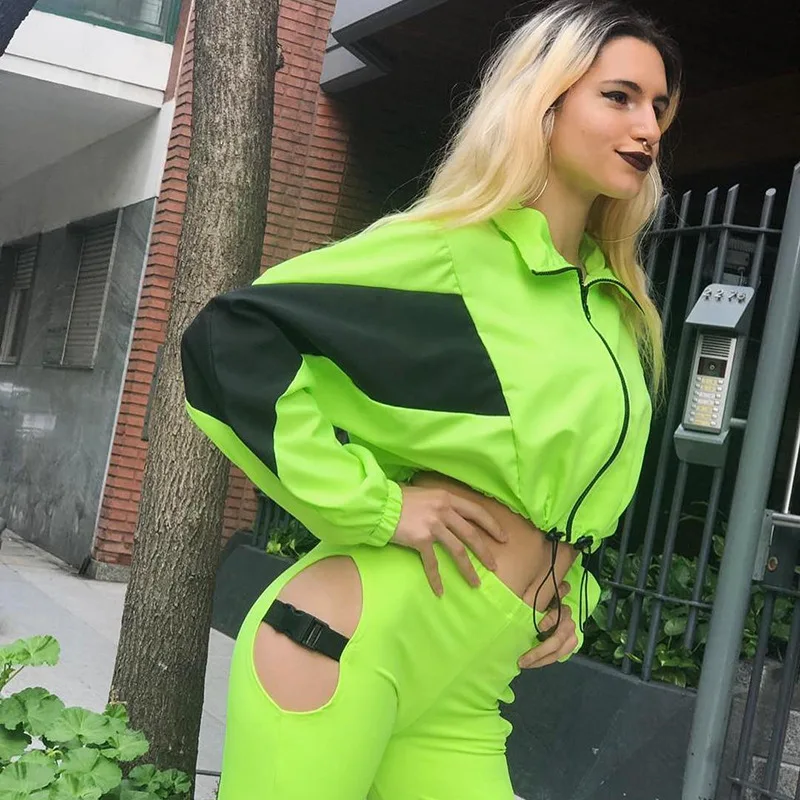 Флуоресцентная осенняя куртка короткая женская мода с длинным рукавом