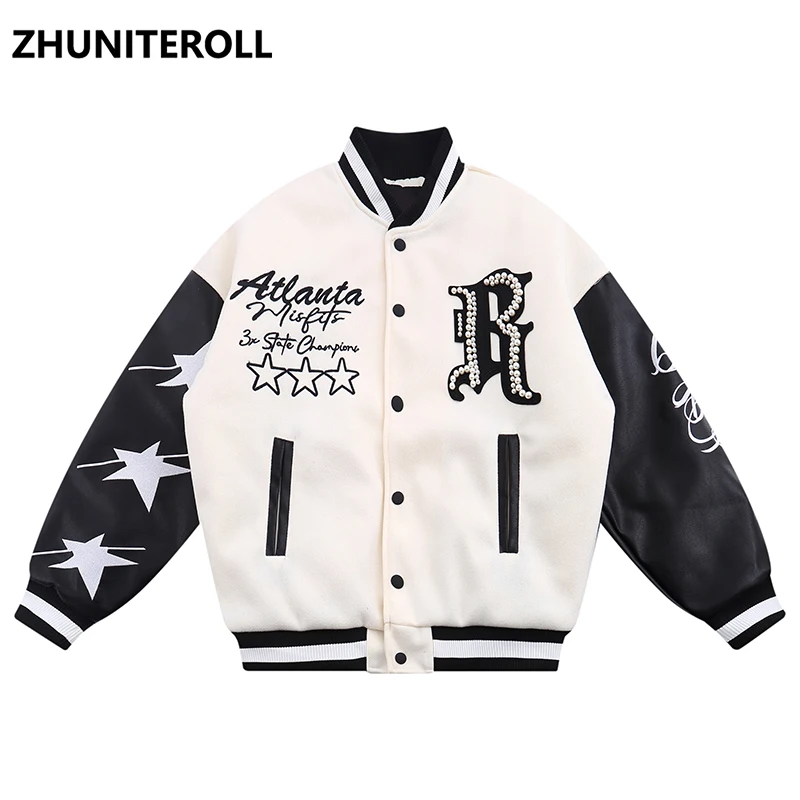 2022 Harajuku PU Leather Patchwork Parka Men Pearl Embroidery Thick Jacket Hip Hop Windbreaker Winter Padded Baseball Coat Loose