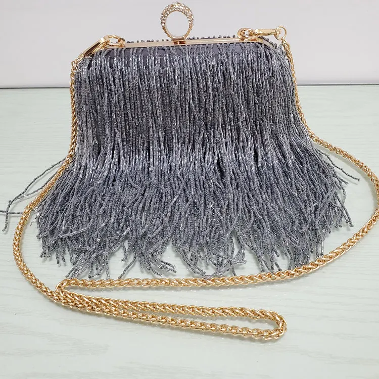 Women Tassel Fashion Ladies Clutch Bag Shoulder Handbags Female Party Wedding Evening Bag For Phone Purse - Цвет: gray