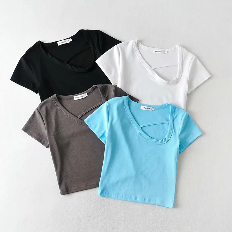 

Летняя женская одежда, топы, асимметричные топы с воротником, укороченные топы, футболки, женская однотонная блузка, хлопковая облегающая ж...