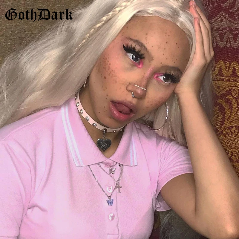 

Goth Dark Pastel Gothic Pink E-Girl Women T-Shirts Harajuku 2000s Aesthetic Summer Bodycon Crop Tops Summer Short Sleeve Clothes