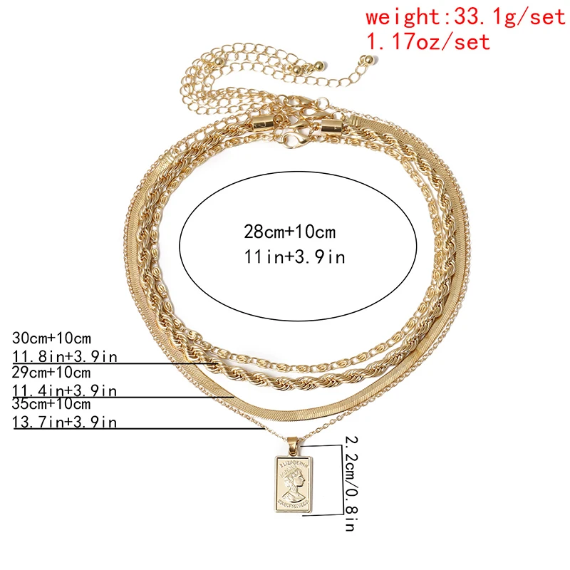 

4pcs/Set Multilayer Carved Portrait Dog Tag Pendant Necklace for Women Vintage Thick Twisted Rope Chain Choker Necklace Jewelry
