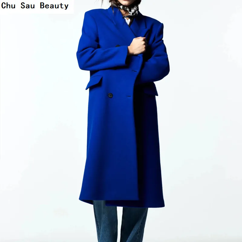 Женское шерстяное двубортное пальто ZA свободная синяя куртка средней длины с