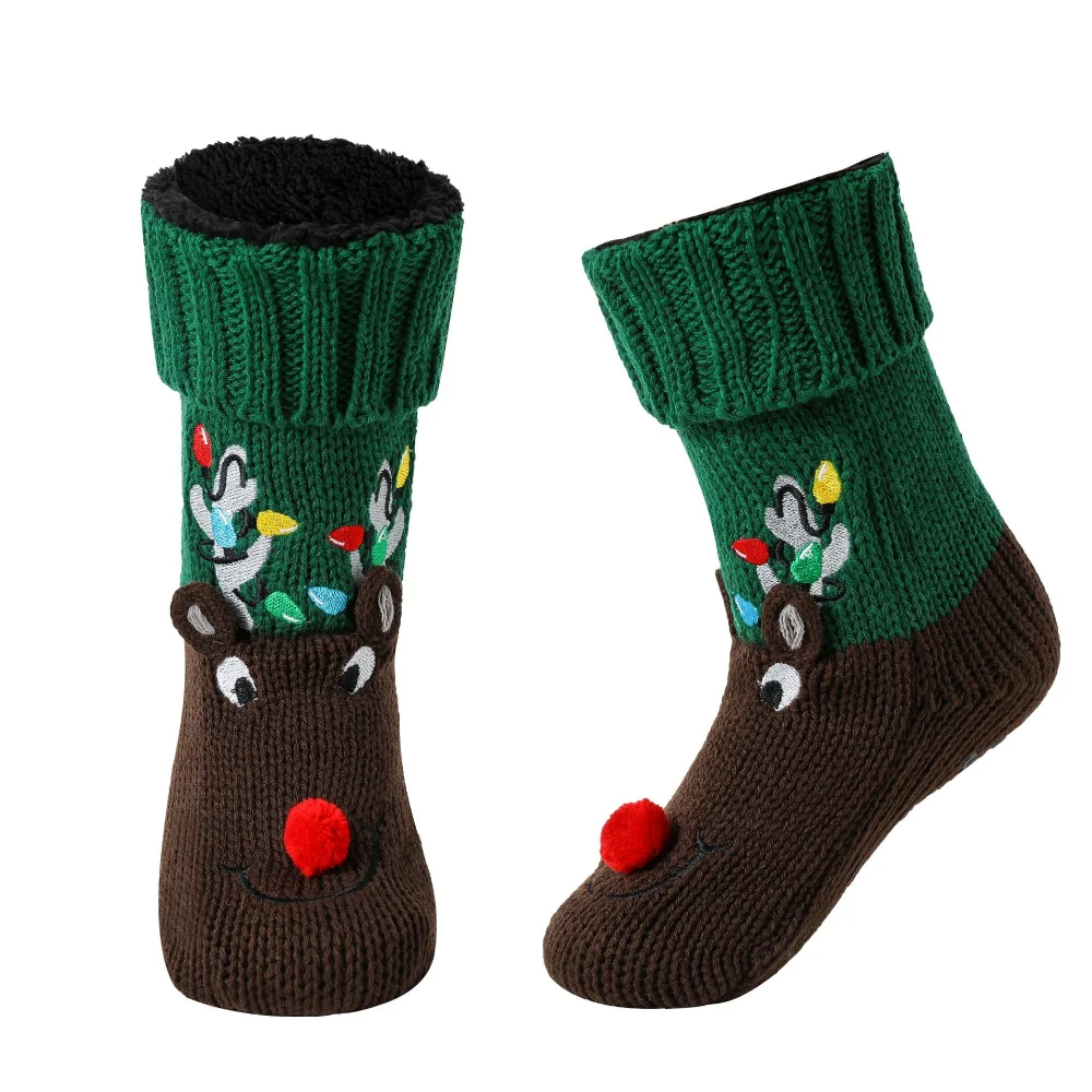 

Socks Women Knitted Thick Plush Warm Socks Indoor Shoes Home Silicone Non-slip Thick Socks Embroidery Elk Christmas Gift New