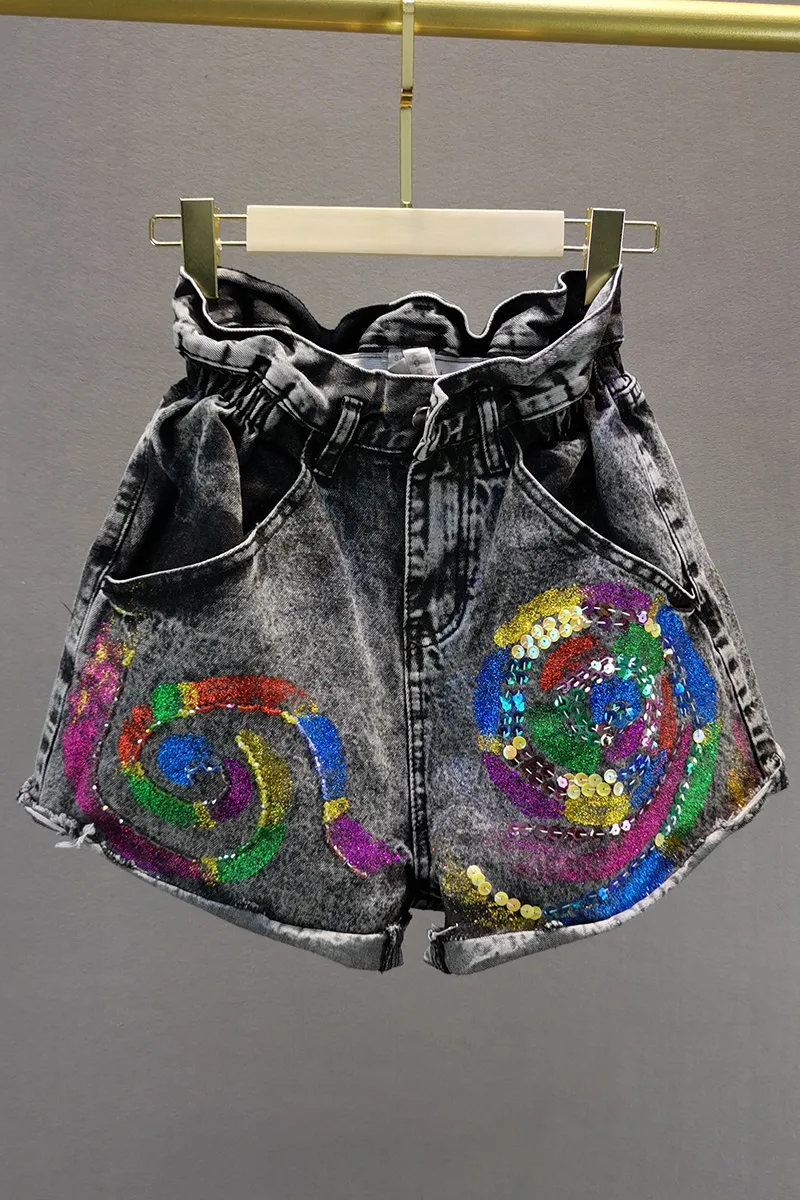 

Harajuku Shorts Women 2020 Summer New European Style Loose High Waist Bronzing Glitter Cowboy Shorts Female Wide-Leg Shorts