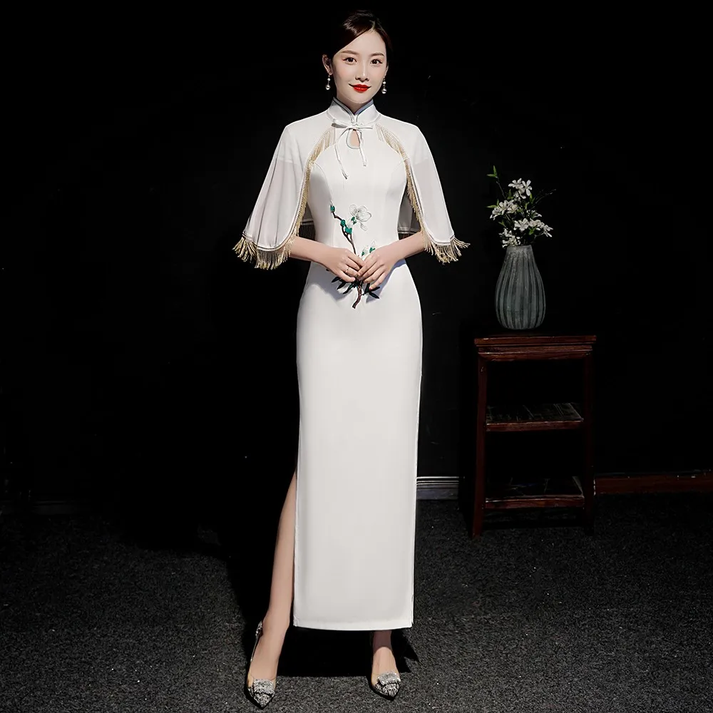 

Temperament Blue 2PCS Cheongsam Sexy High Split Qipao Slim Long Chinese Dress Elegant Stage Show Dress Floral Formal Dress S-3XL