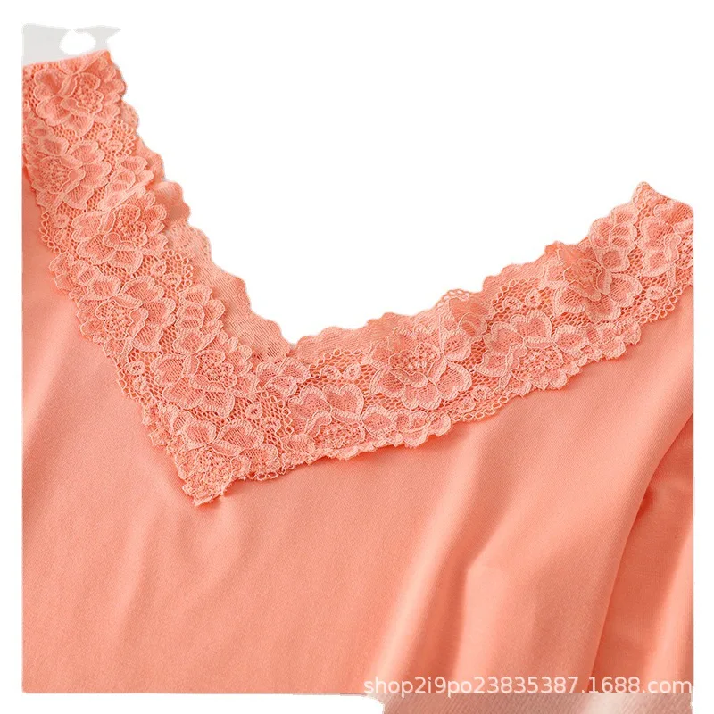 

Women Spandex Sleepwear 2Pcs Spring V-Neck Top Long Pants Thermal Underwear Elastic Warm Soft Sleepwear Sets