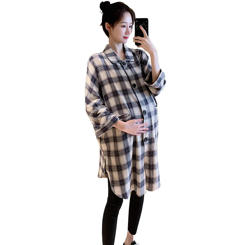 

Popular Internet Celebrity Autumn New Maternity Clothes Loose Plaid Shirt Mid-Length Maternity Top