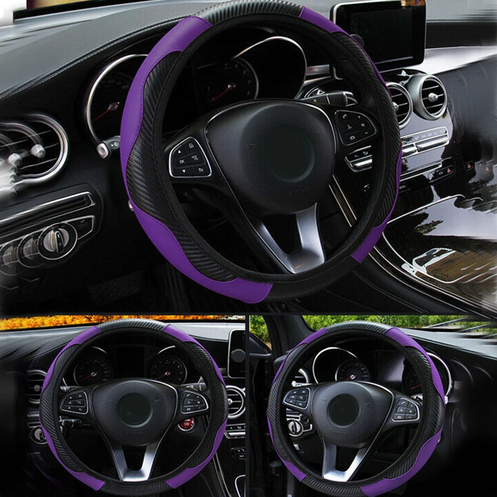 

1 Pc 37~38CM Carbon Fiber Leather Car Steering Wheel Cover Non-slip Black &Red