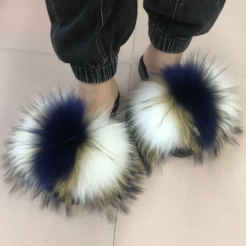 

Women Latest Design Real Fur Slippers Fashion Fluffy Fur Slides Women Plush Flip Flops Fur Slides For Women Raccoon Fur Slippers
