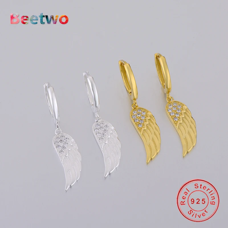Принт в виде перьев Крылья Ангела длинные висячие серьги колец 925 стерлингового