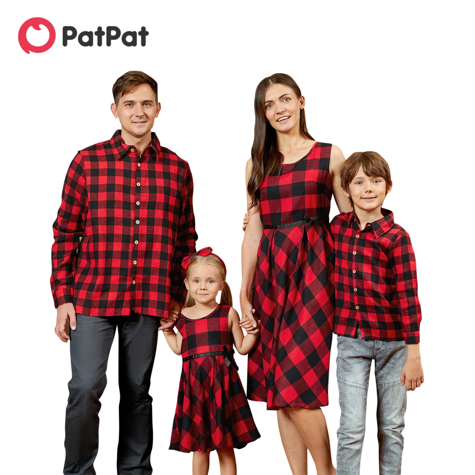 

PatPat Mosaic Family Matching Cotton Christmas Sets(Bowknot Tank Dresses - Plaid Button Front Shirts- Rompers)