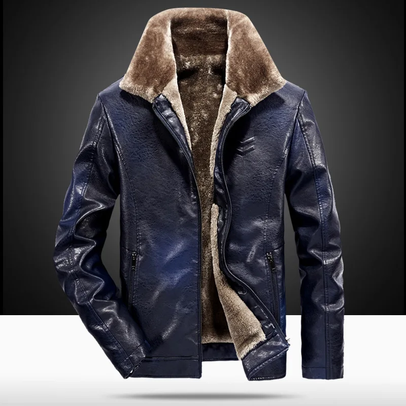 Мужская куртка из искусственной кожи с меховым воротником зимнее Мужское пальто