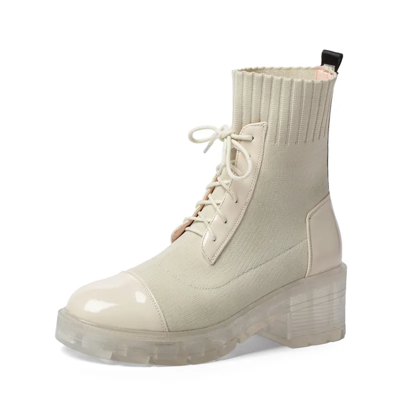 

FOREADA High Heel Woman Boots Platform Block Heel Mid Calf Boots Lace Up Round Toe Ladies Shoes Autumn Winter Black Beige 33-44