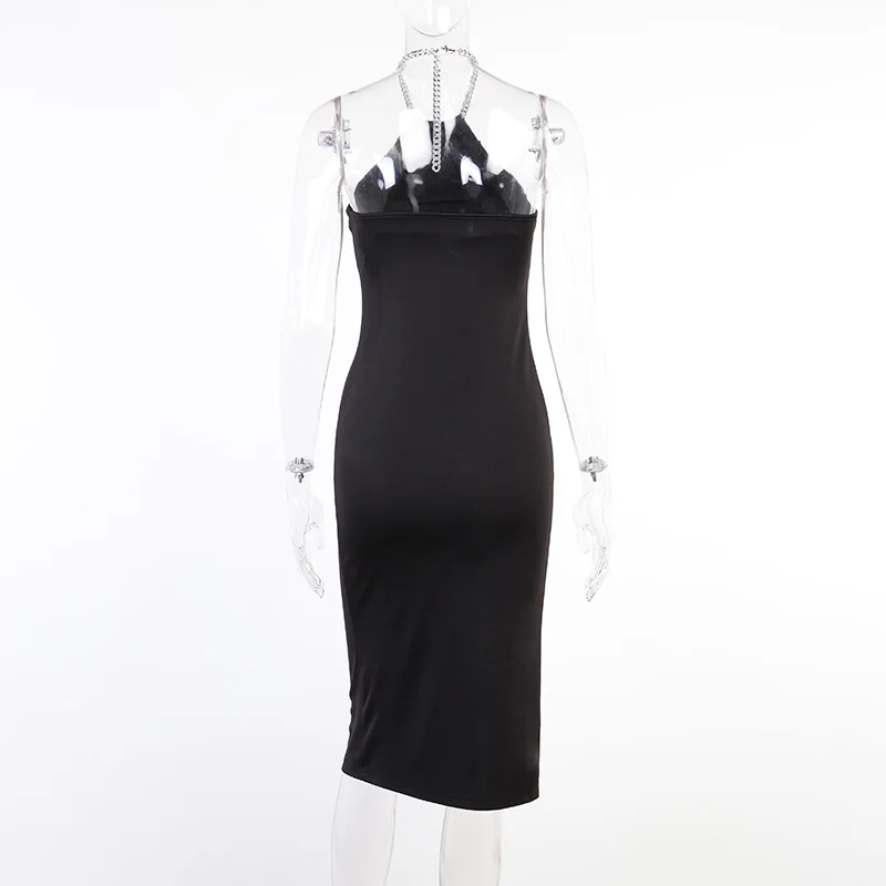 

Uulutonica Summer Women Street Style Sheath Solid Sleeveless Backless Mid-calf Empire Slash Neck Neck-mounted Dress