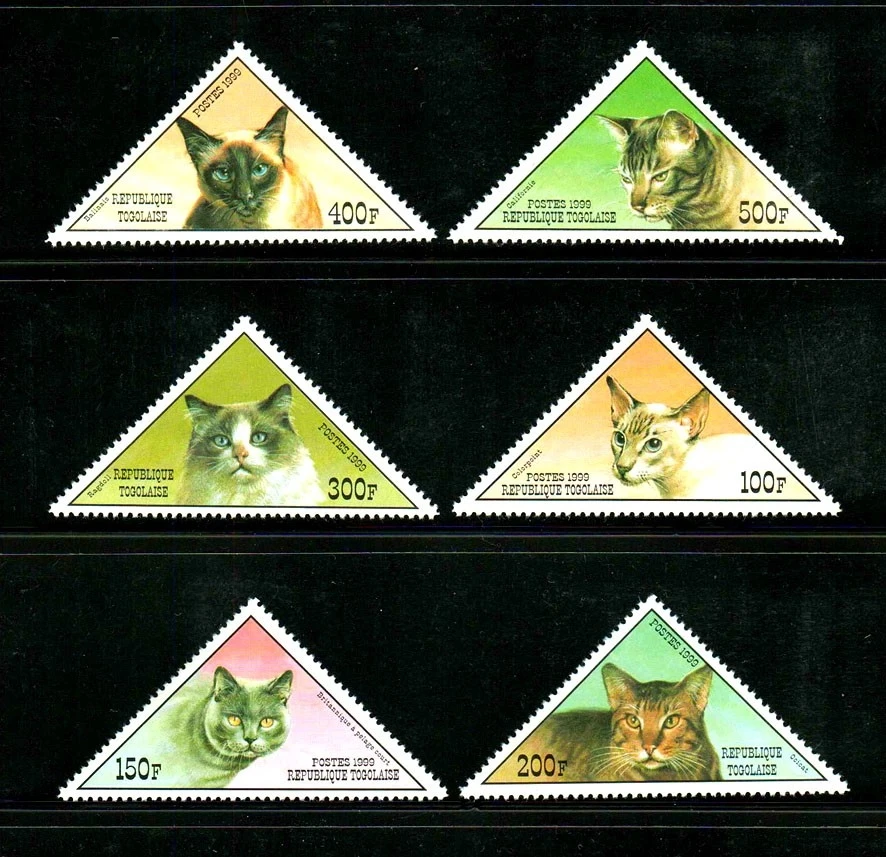 

6Pcs/Set New Togo Post Stamp 1999 Tri Angle Pet Cats Stamps MNH