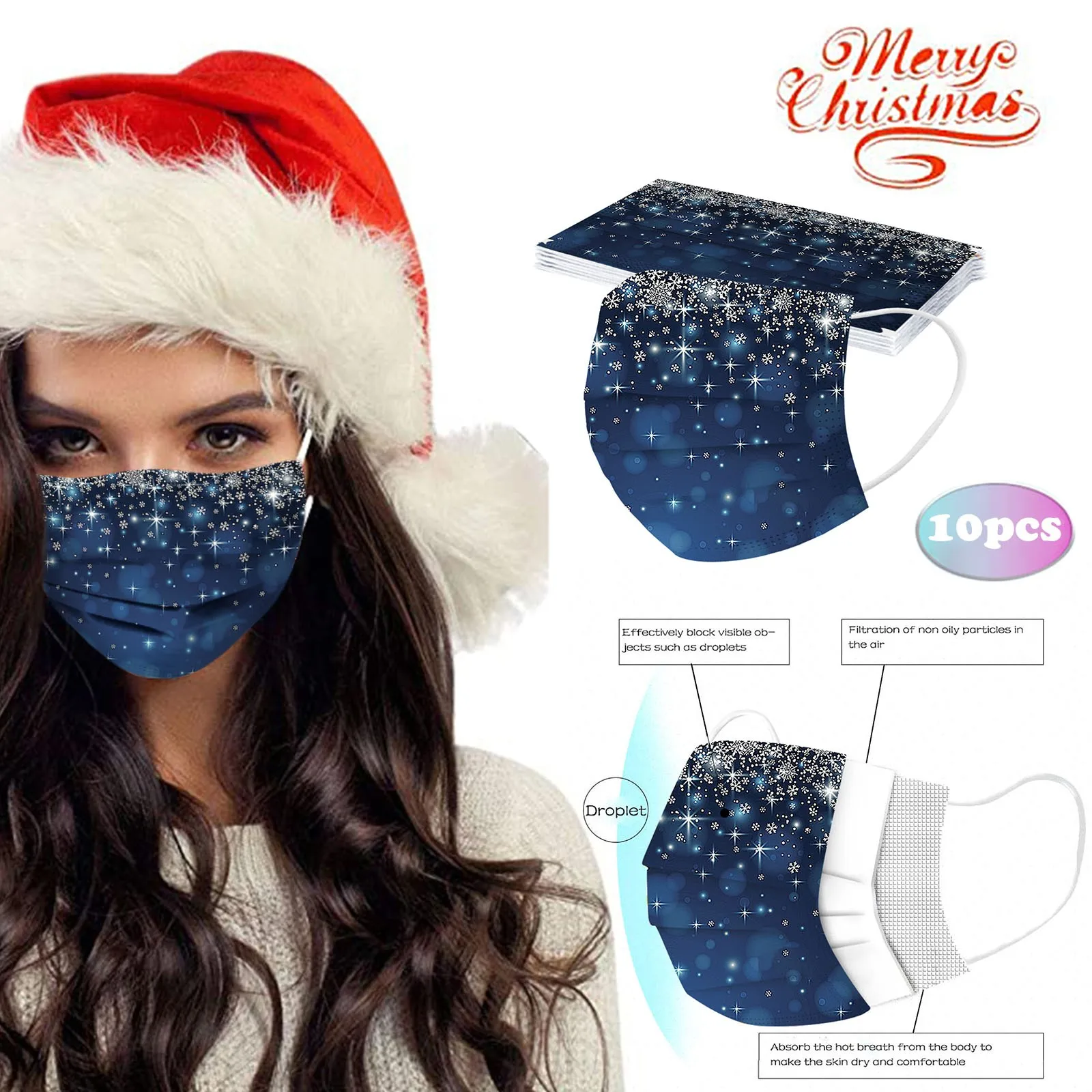 

10pcs Christmas Mask Women Man Disposable Face Mask Industrial 3ply Loop Non-woven Meltblown Protective Mouth Masks Party Decor
