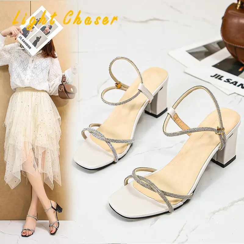 2021 Sandals Women's High-heeled Women's Sandals One Word Buckle Rhinestone Thick With Fish Mouth Summer Shoes Woman High Heels
